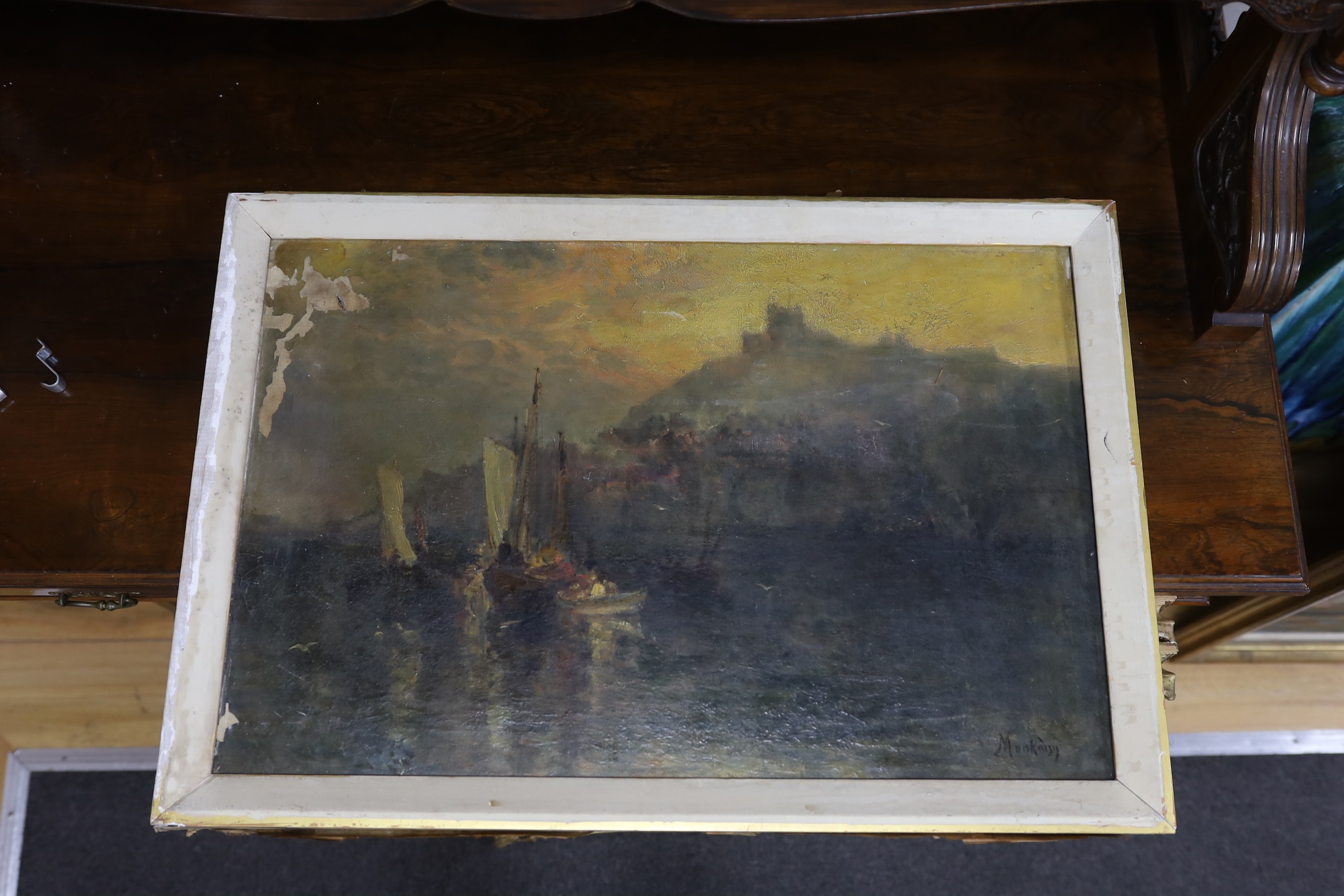 After Munkácsy (Hungarian, 1844-1900), oil on canvas, 'Shipping on a calm sea at night, Whitby beyond', signed, 39 x 59cm. Condition - fair